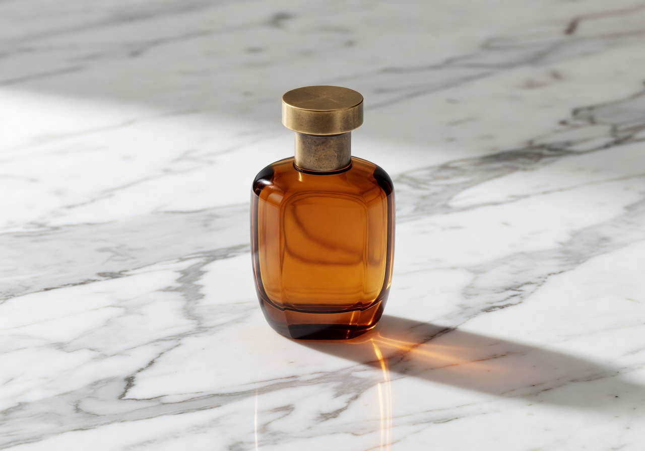 Elegant amber perfume flacon on marble