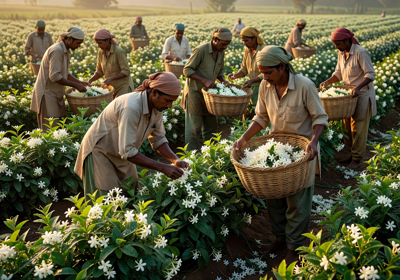 Jasmine flowers being harvested at dawn