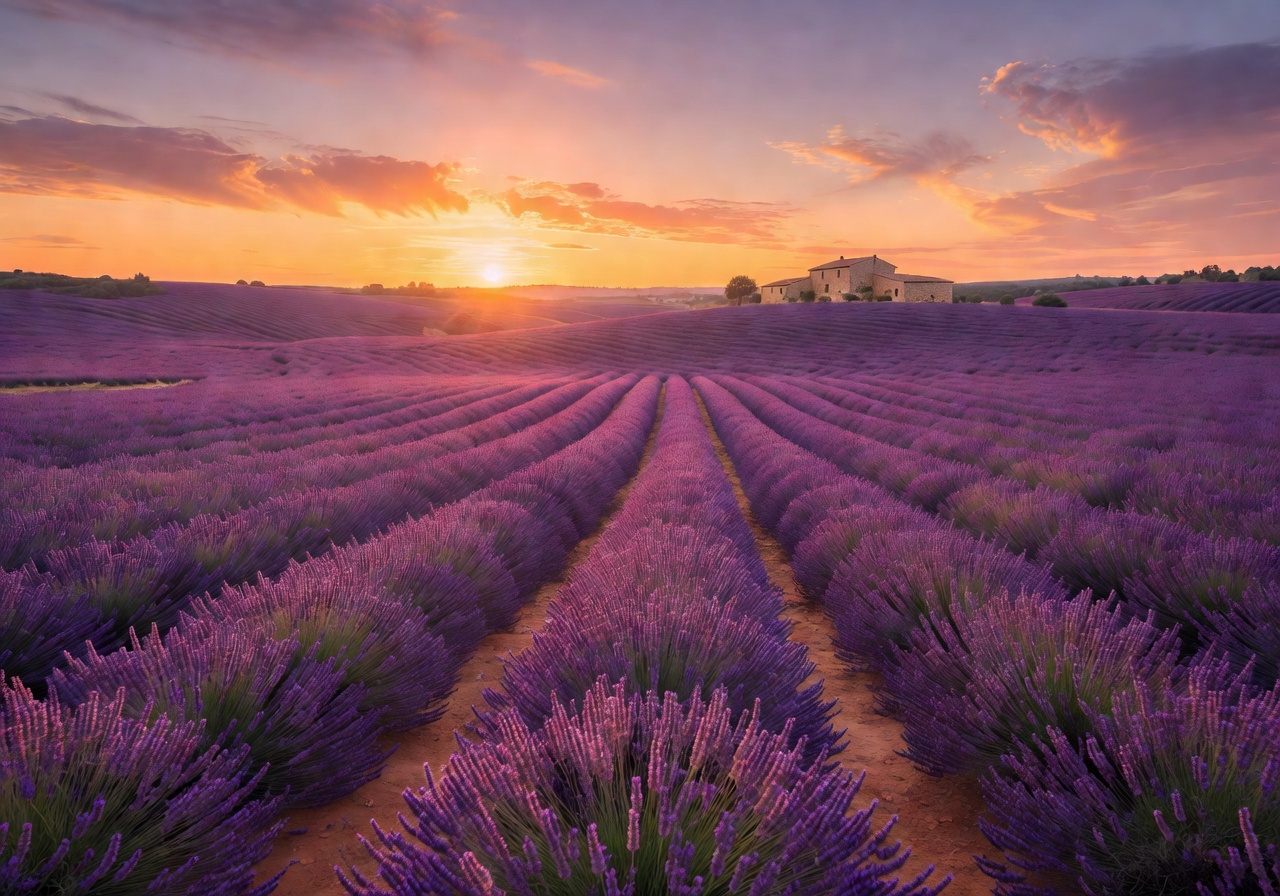 Lavender fields of Provence France at sunset