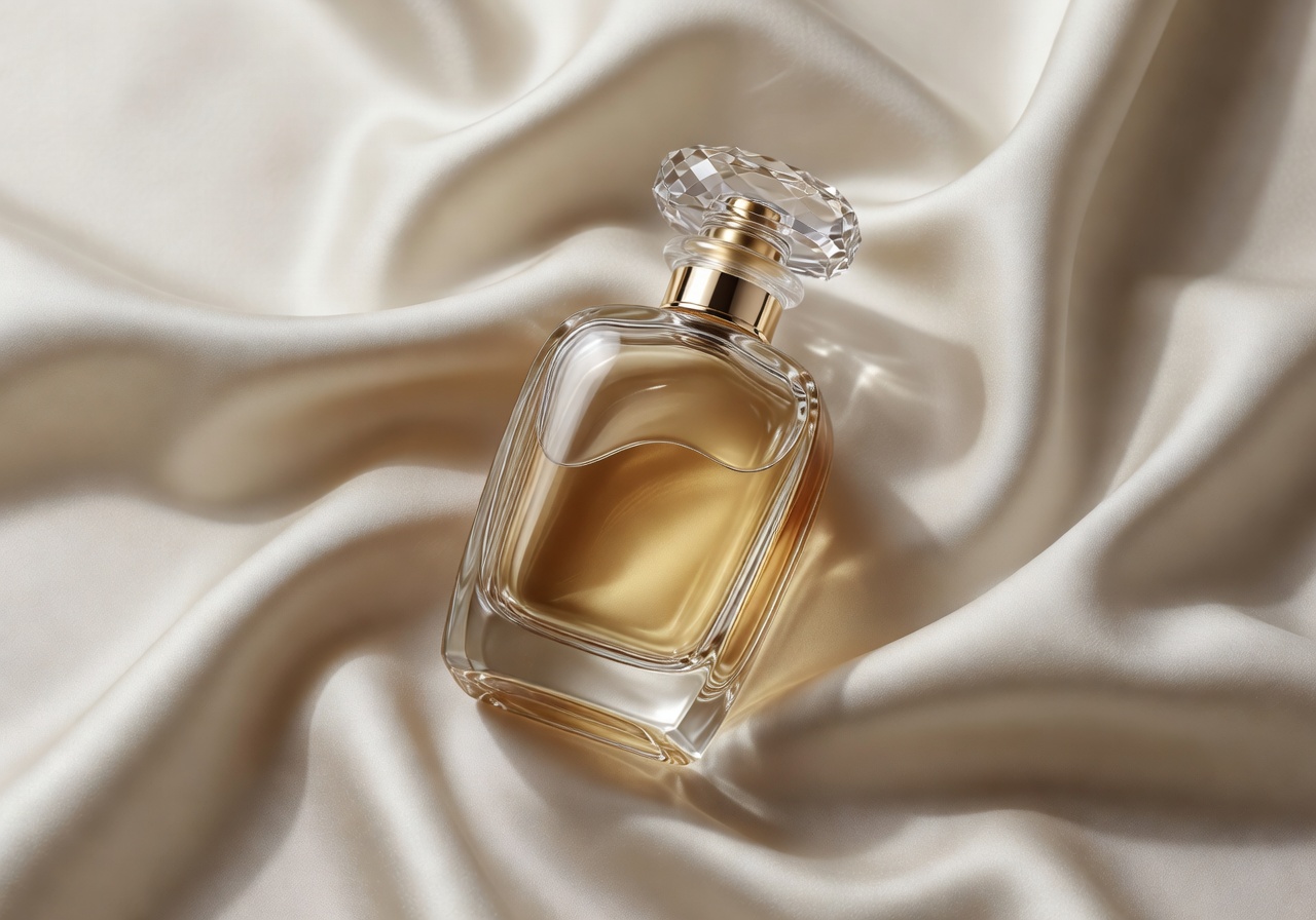 Luxury perfume bottle resting on silk