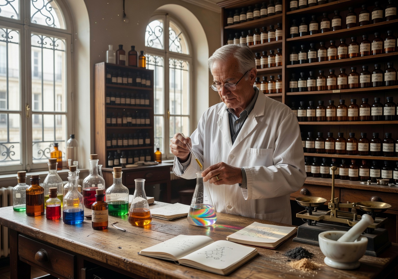 Master perfumer creating fragrance in atelier