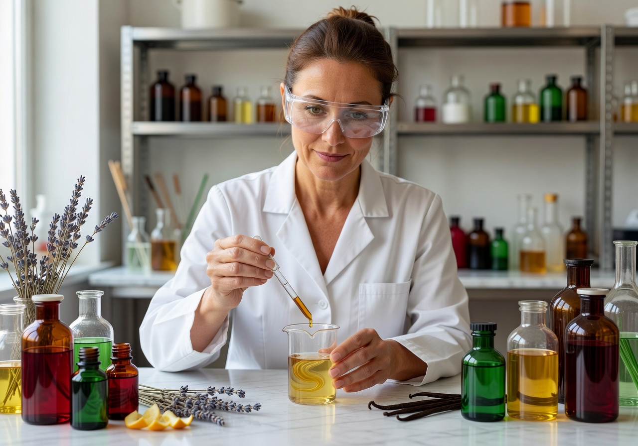 Perfumer blending essences in laboratory