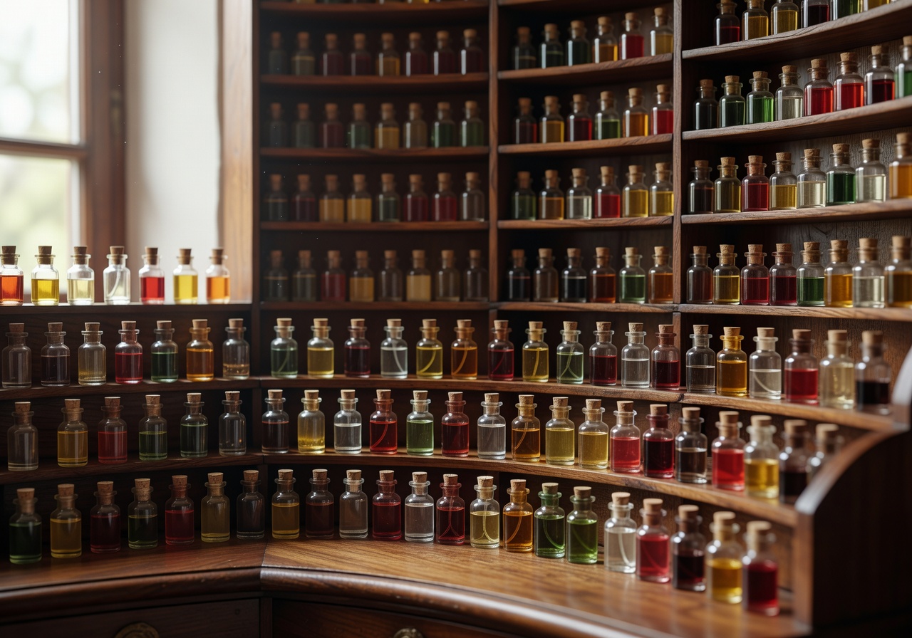 Perfumers organ with bottles of essences