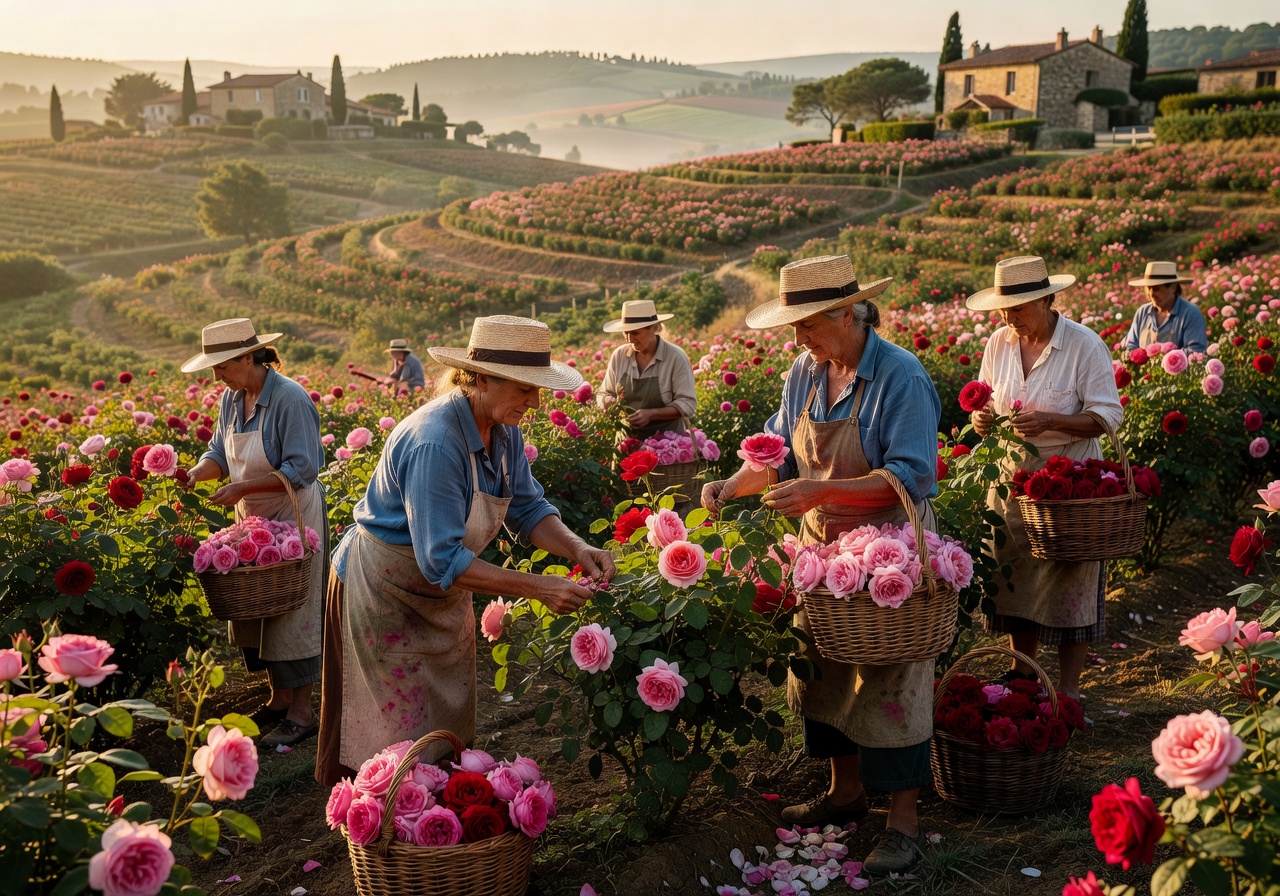 Rose harvest in Grasse France at dawn