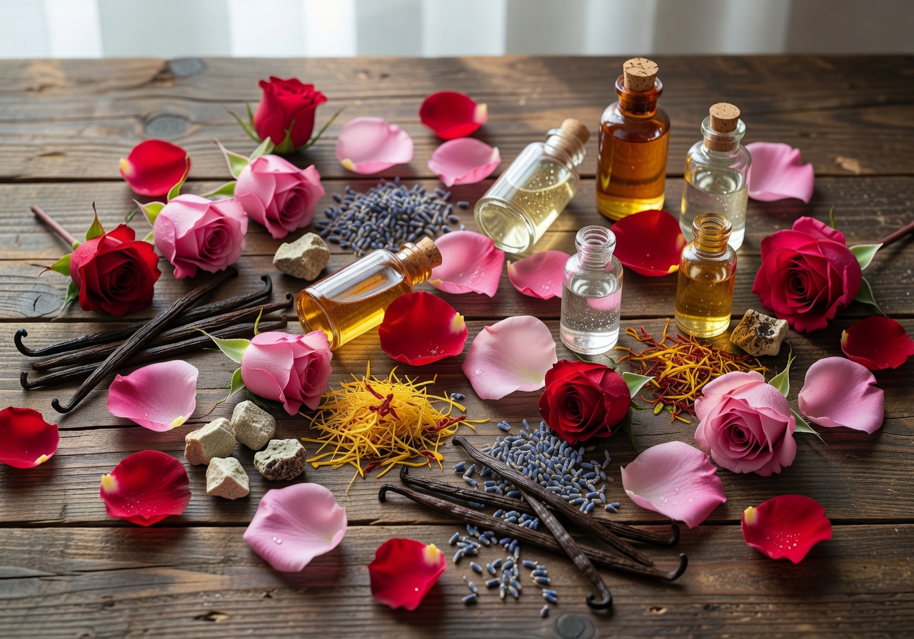 Rose petals and rare perfume ingredients flatlay